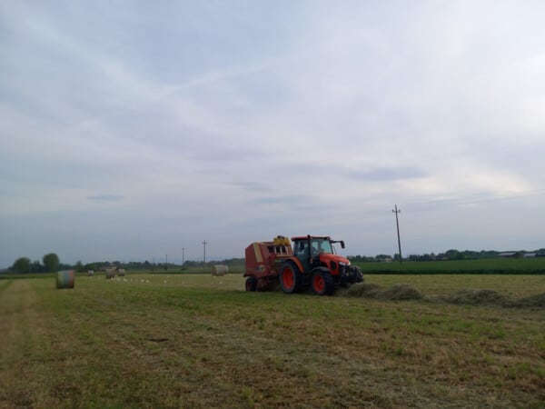 Trattore durante la raccolta del fieno nei campi dell'Azienda Agricola Candiabio
